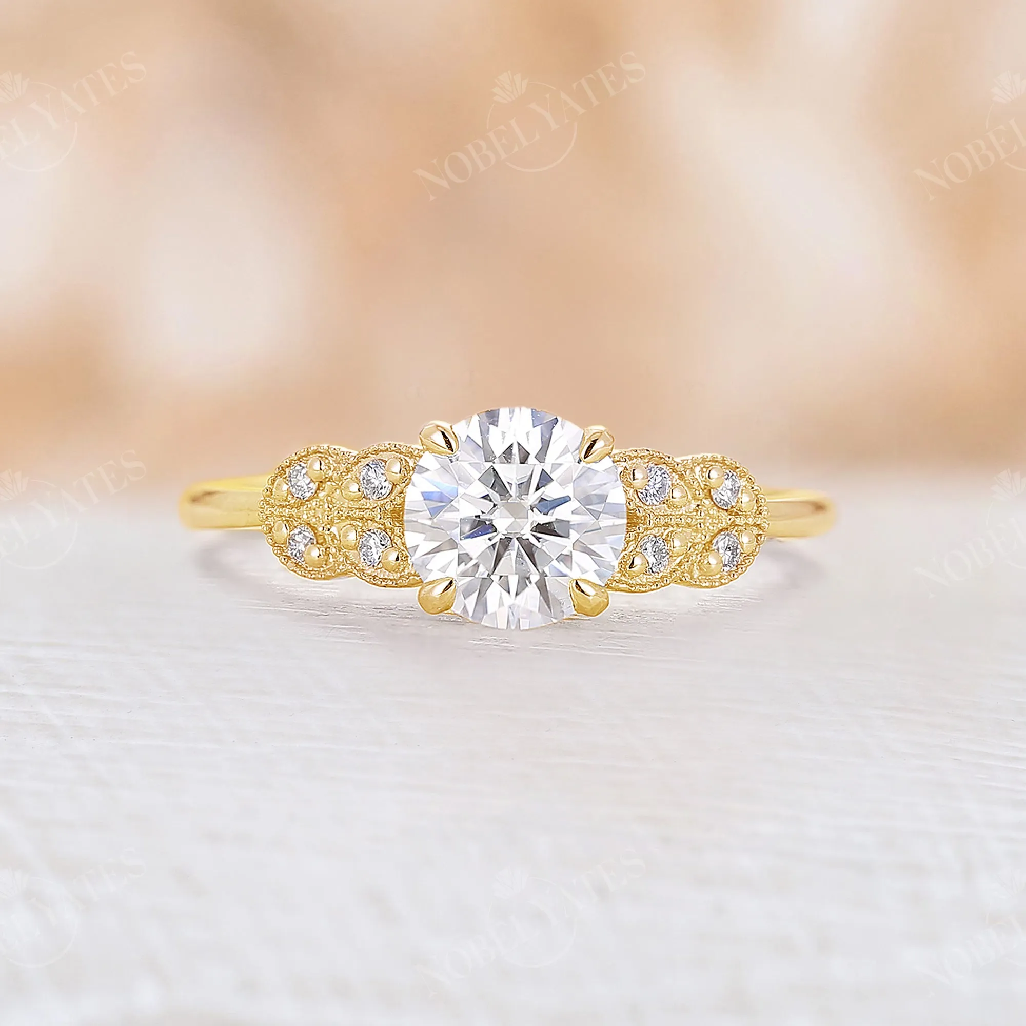 Milgrain Vintage Round Moissanite Engagement Ring Side Stones