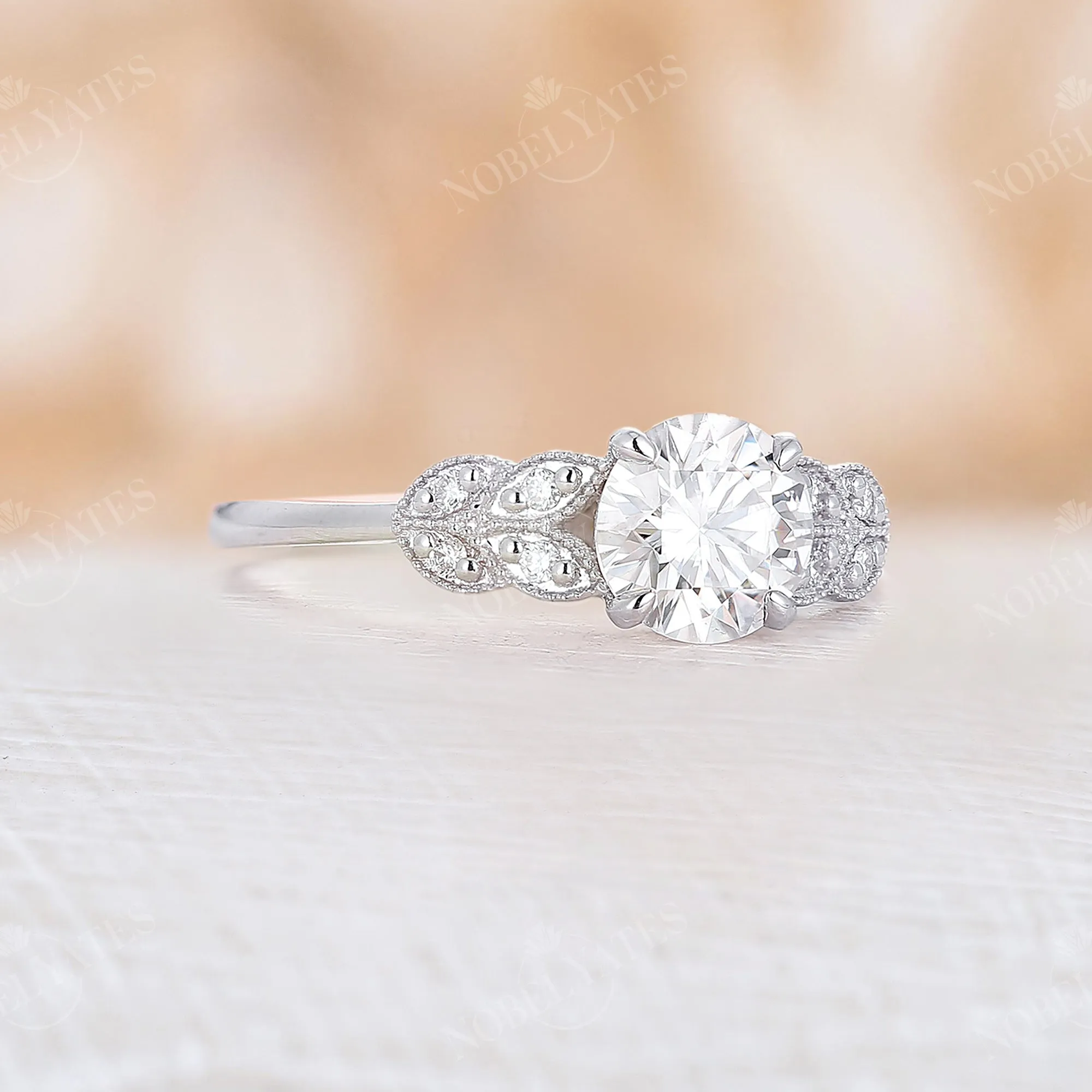 Milgrain Vintage Round Moissanite Engagement Ring Side Stones