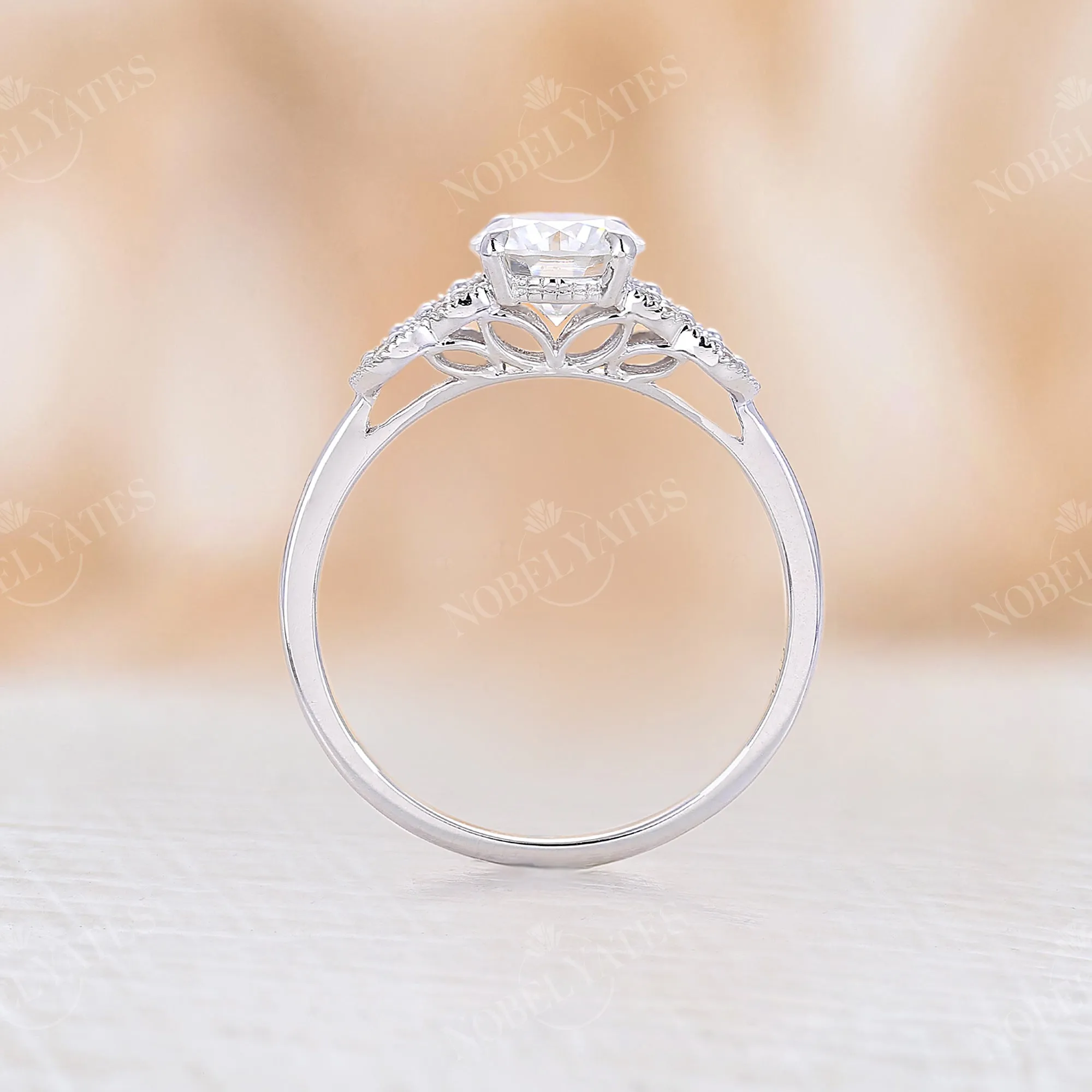 Milgrain Vintage Round Moissanite Engagement Ring Side Stones