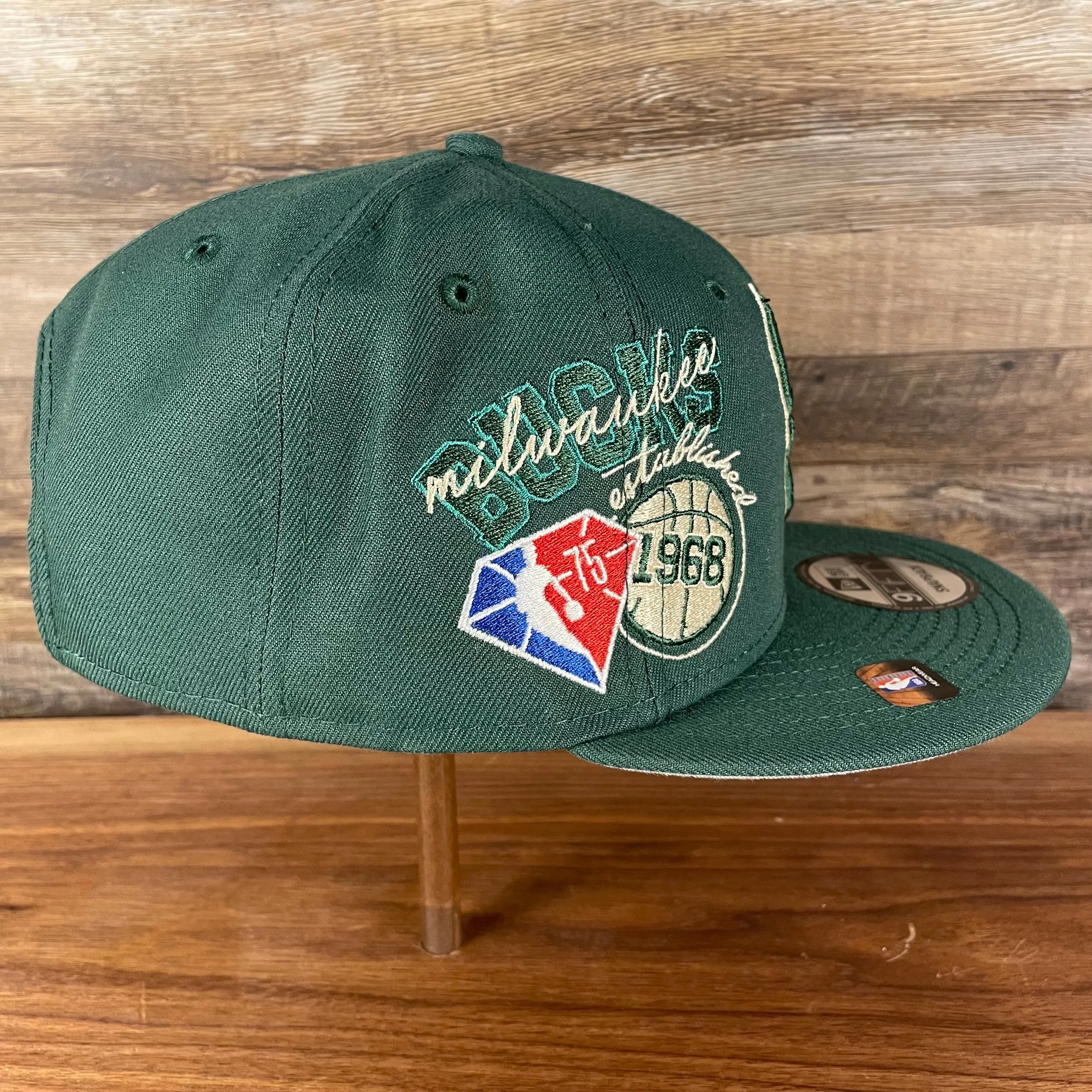 Milwaukee Bucks 75th Anniversary Snapback Hat | Gray Bottom Green 9Fifty | NBA Side Patch