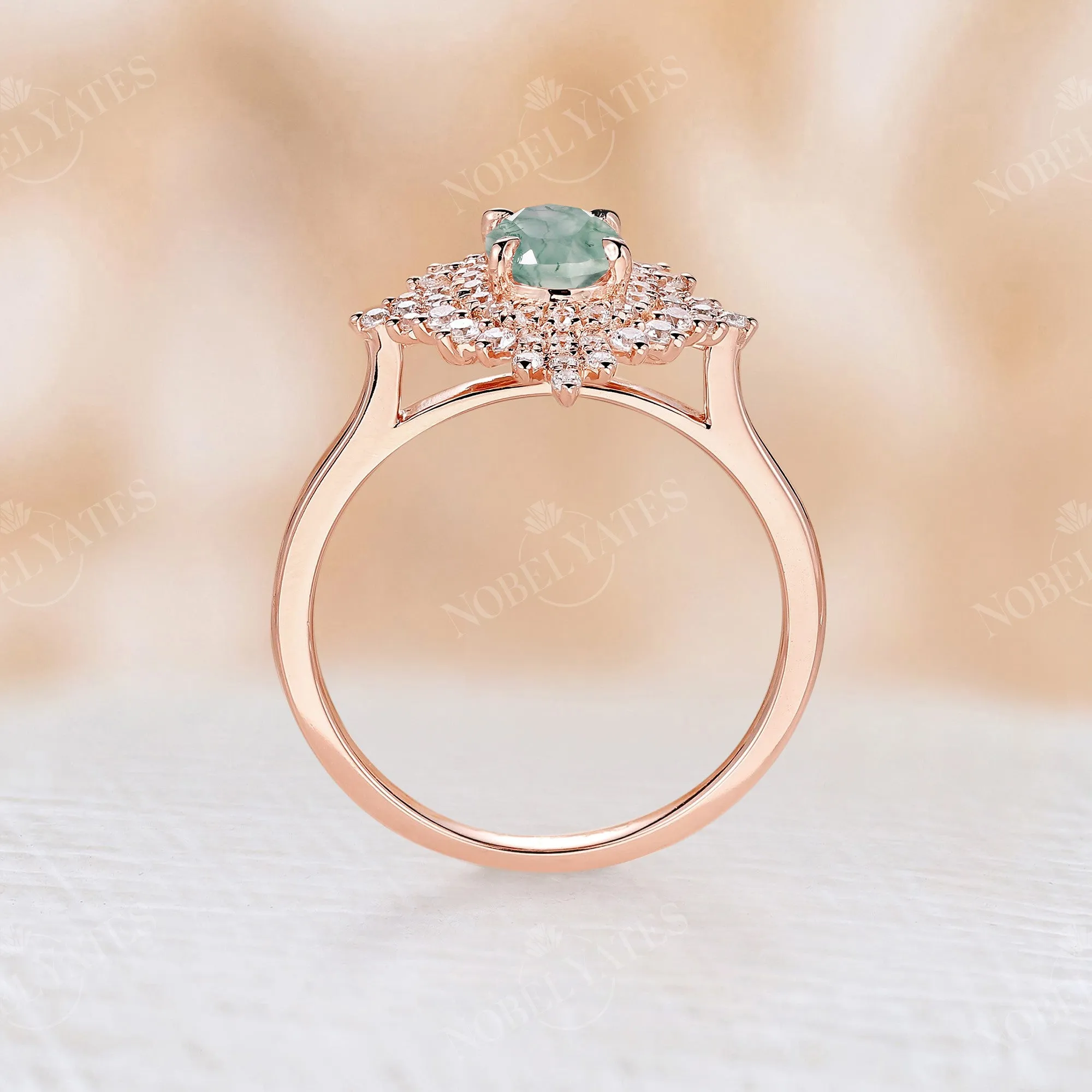 Moss Agate Vintage Oval Rose Gold Halo Engagement Ring