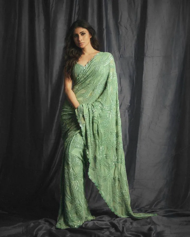 Mouni Roy Light Green Sequins Saree for Women