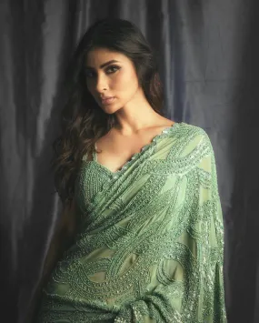 Mouni Roy Light Green Sequins Saree for Women