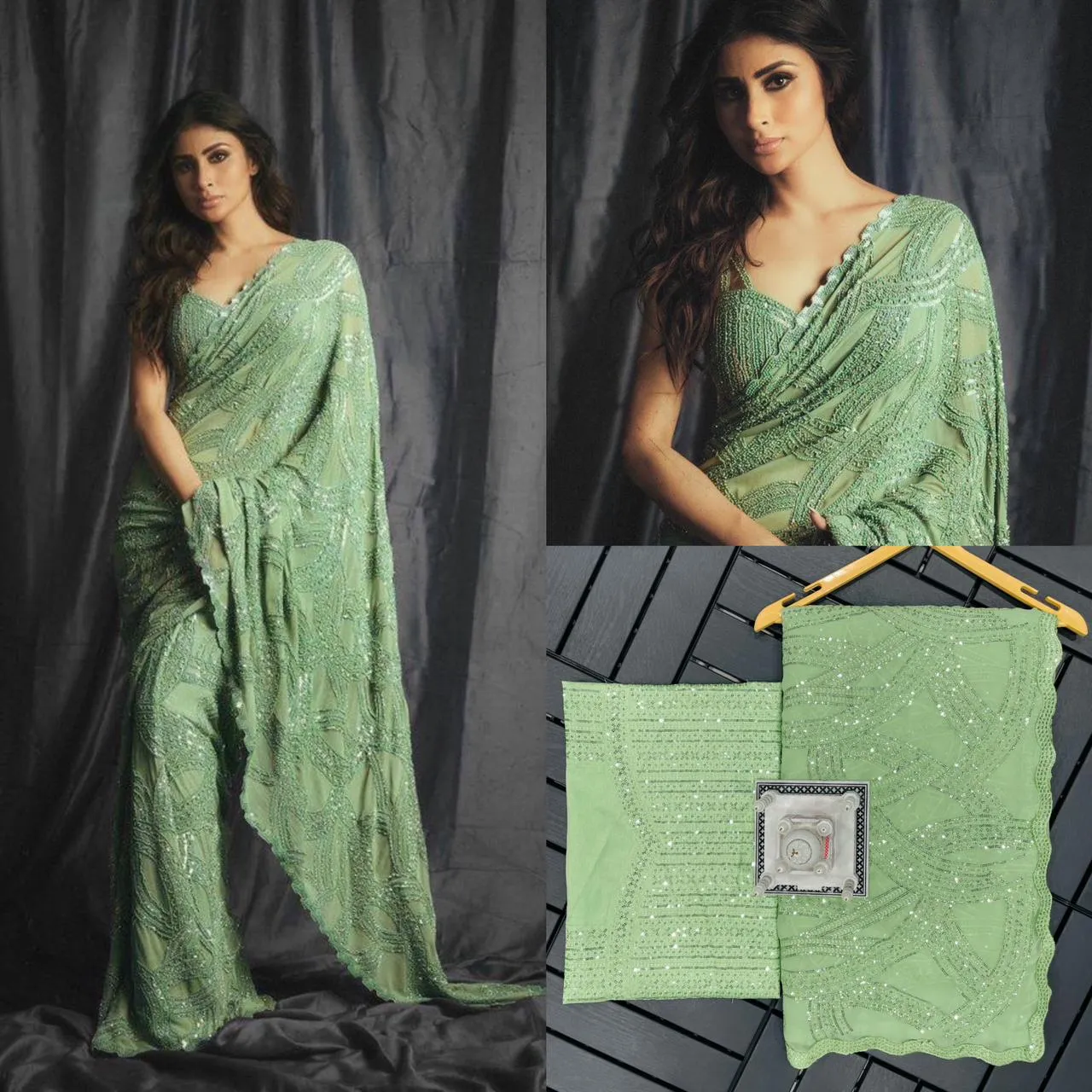 Mouni Roy Light Green Sequins Saree for Women