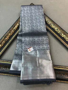 Mrinalini Pure Kanjeevaram Handloom Bridal Silk Saree - Grey and Black Color Combination - SACHI001KSB