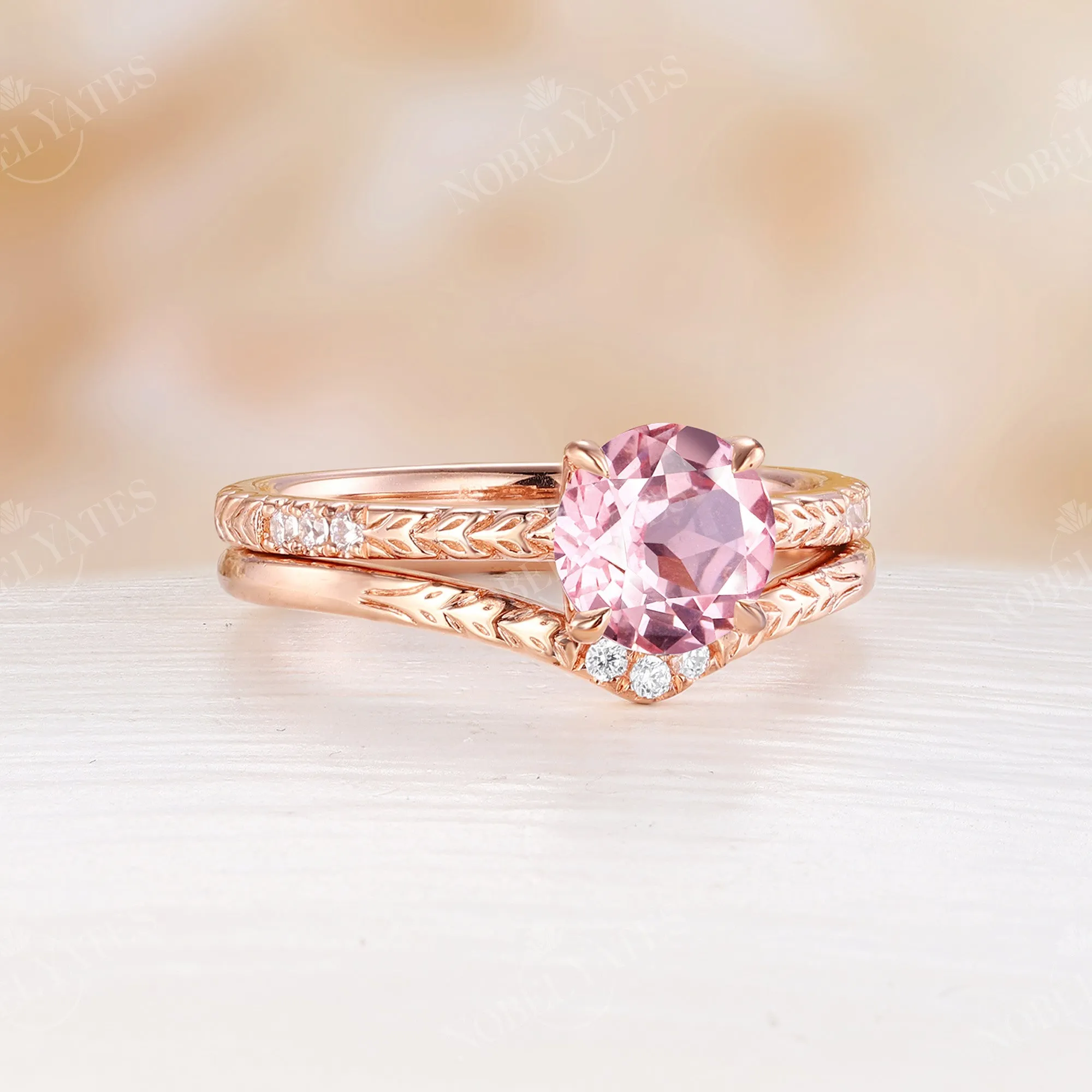 Nature Leaf Lab Grown Padparadscha Engagement Ring Set Rose Gold