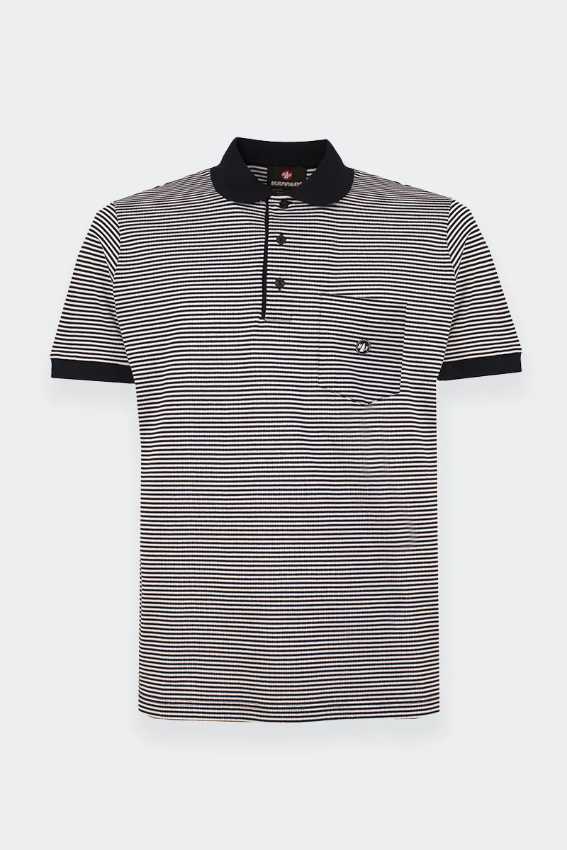 Navy Blue and White Striped Polo Shirt