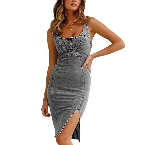 New European And American   U-collar Distressed Casual Style Sling Dress Denim Dress 6336