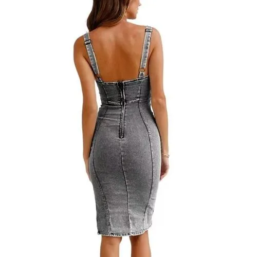 New European And American   U-collar Distressed Casual Style Sling Dress Denim Dress 6336