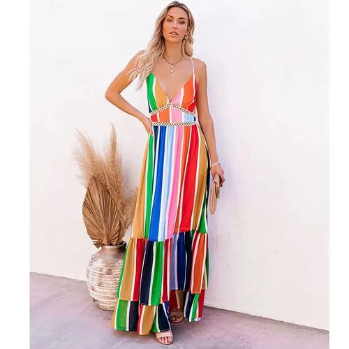 New Fashion Rainbow Stripe Printing Lace Long Dress