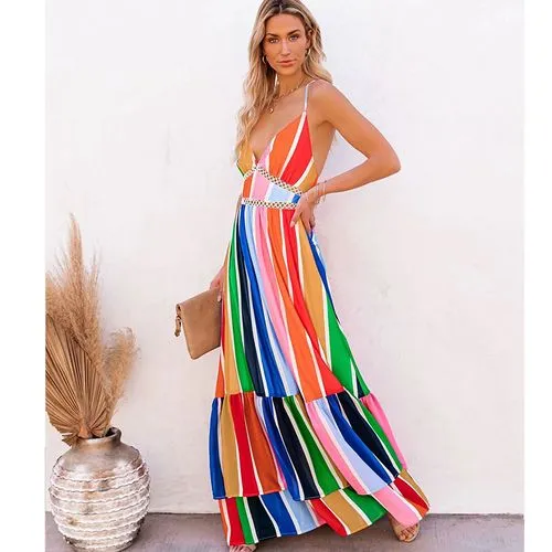 New Fashion Rainbow Stripe Printing Lace Long Dress