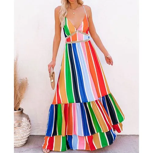 New Fashion Rainbow Stripe Printing Lace Long Dress