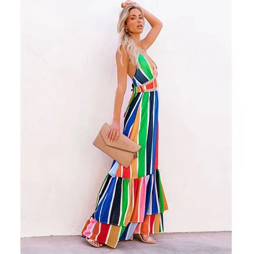 New Fashion Rainbow Stripe Printing Lace Long Dress