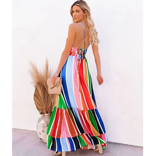 New Fashion Rainbow Stripe Printing Lace Long Dress