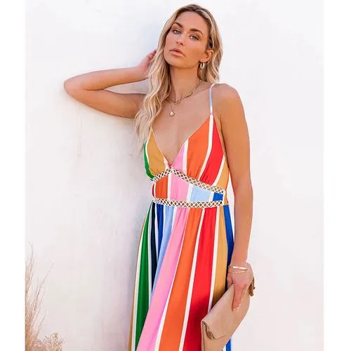 New Fashion Rainbow Stripe Printing Lace Long Dress