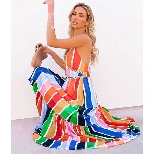 New Fashion Rainbow Stripe Printing Lace Long Dress