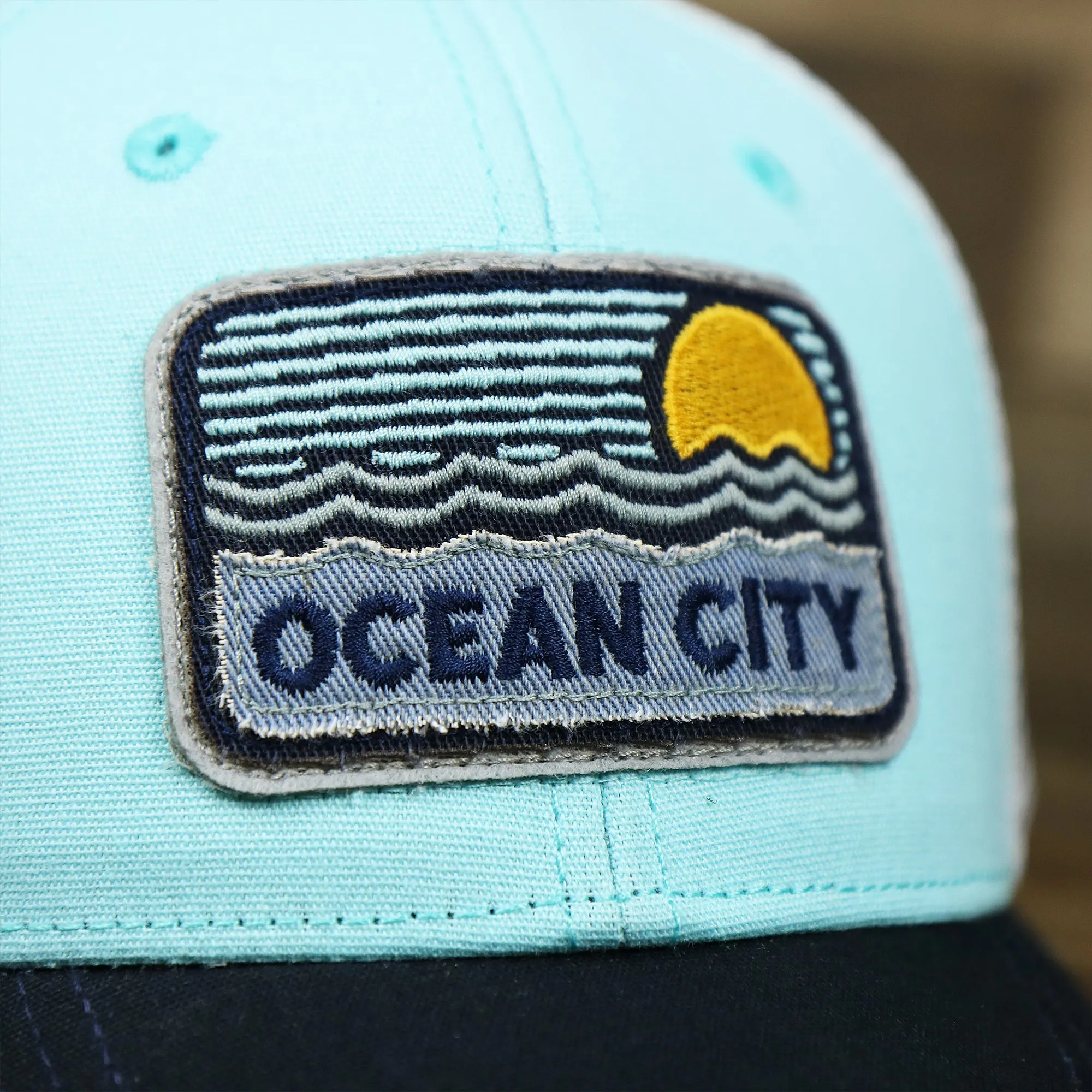 New Jersey Ocean City Sunset Mesh Back Trucker Hat | Black And Grey Mesh Hat