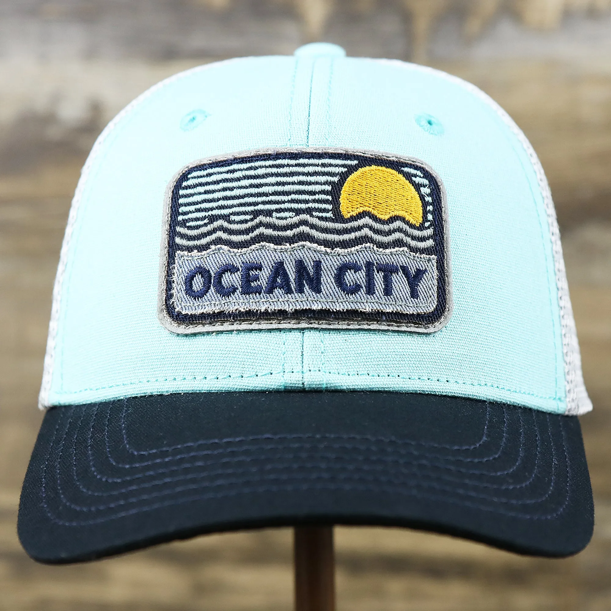 New Jersey Ocean City Sunset Mesh Back Trucker Hat | Black And Grey Mesh Hat