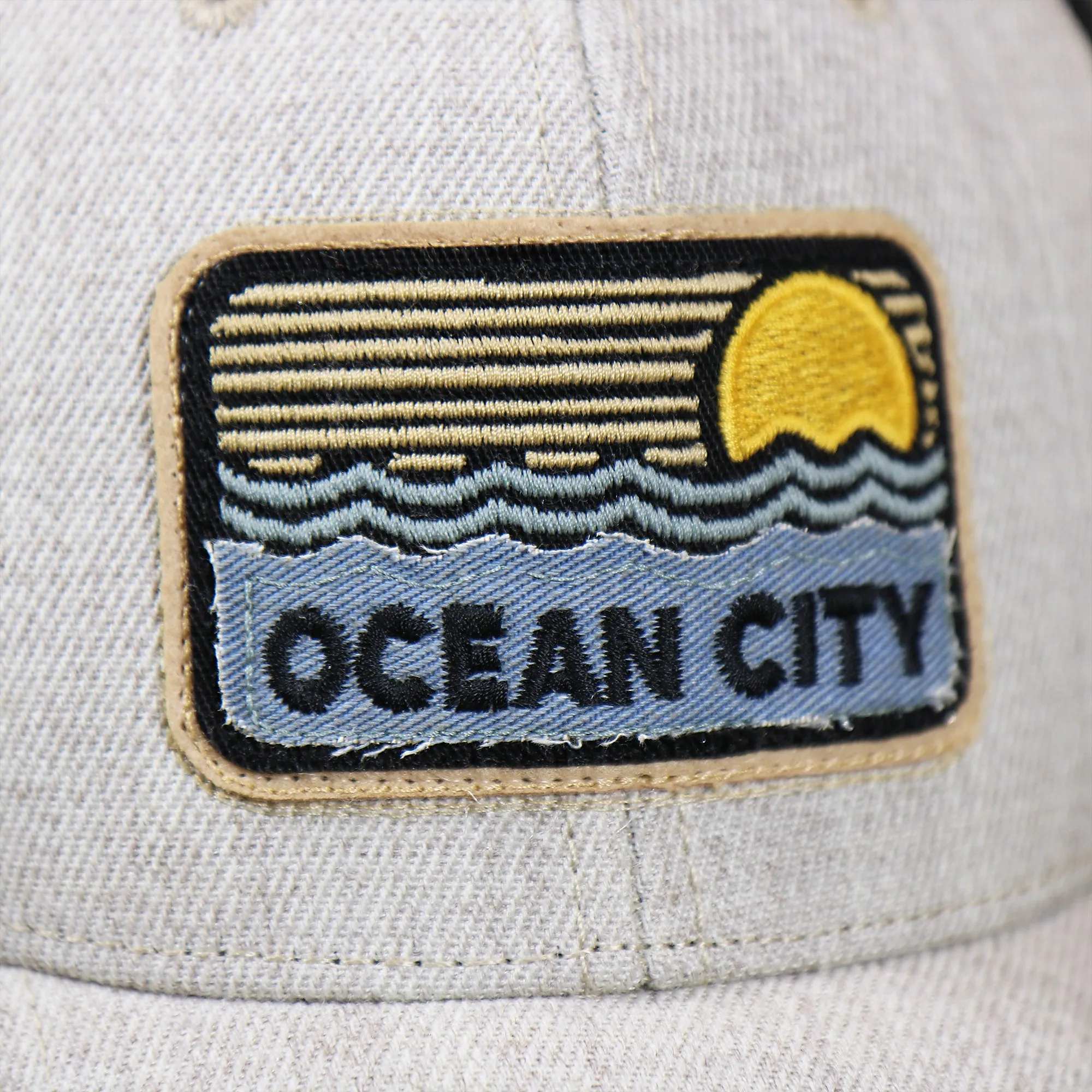 New Jersey Ocean City Sunset Trucker Hat | Heather Tan and Black Mesh Hat