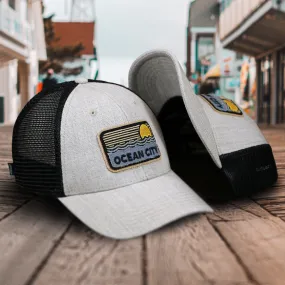 New Jersey Ocean City Sunset Trucker Hat | Heather Tan and Black Mesh Hat