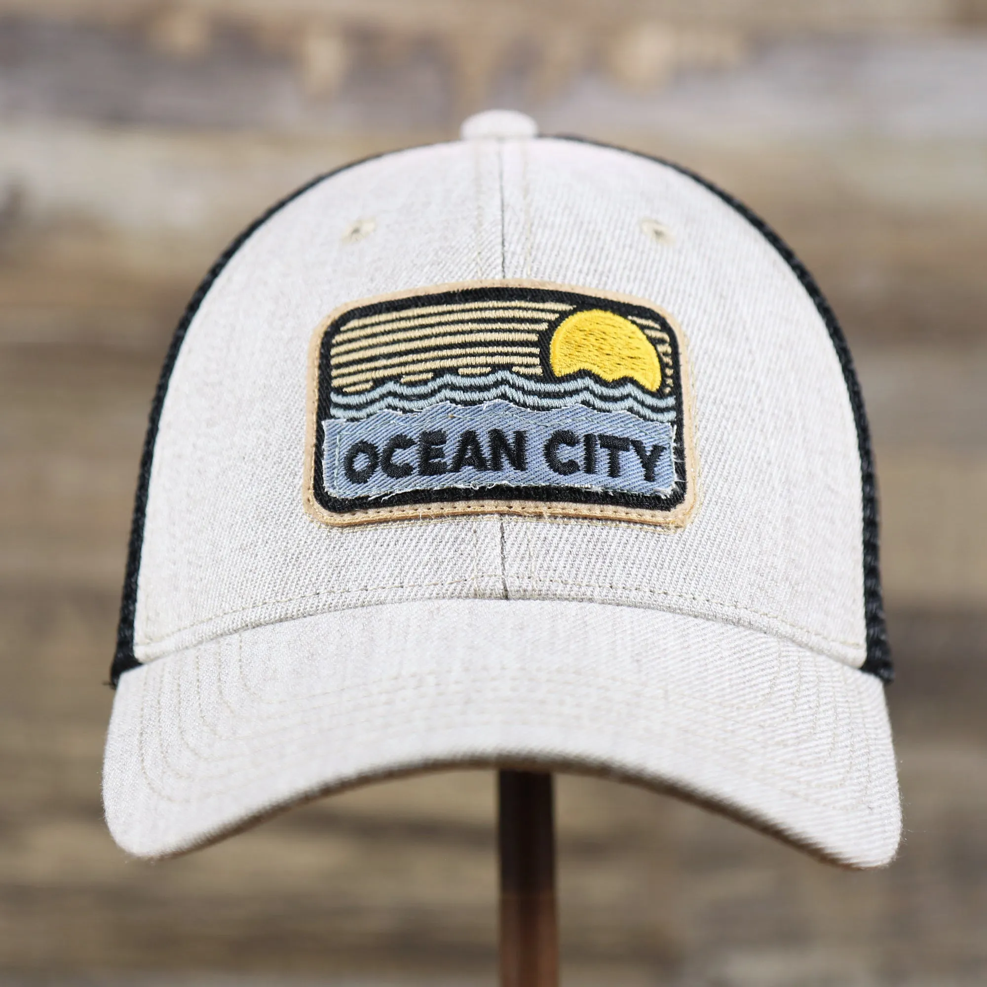 New Jersey Ocean City Sunset Trucker Hat | Heather Tan and Black Mesh Hat