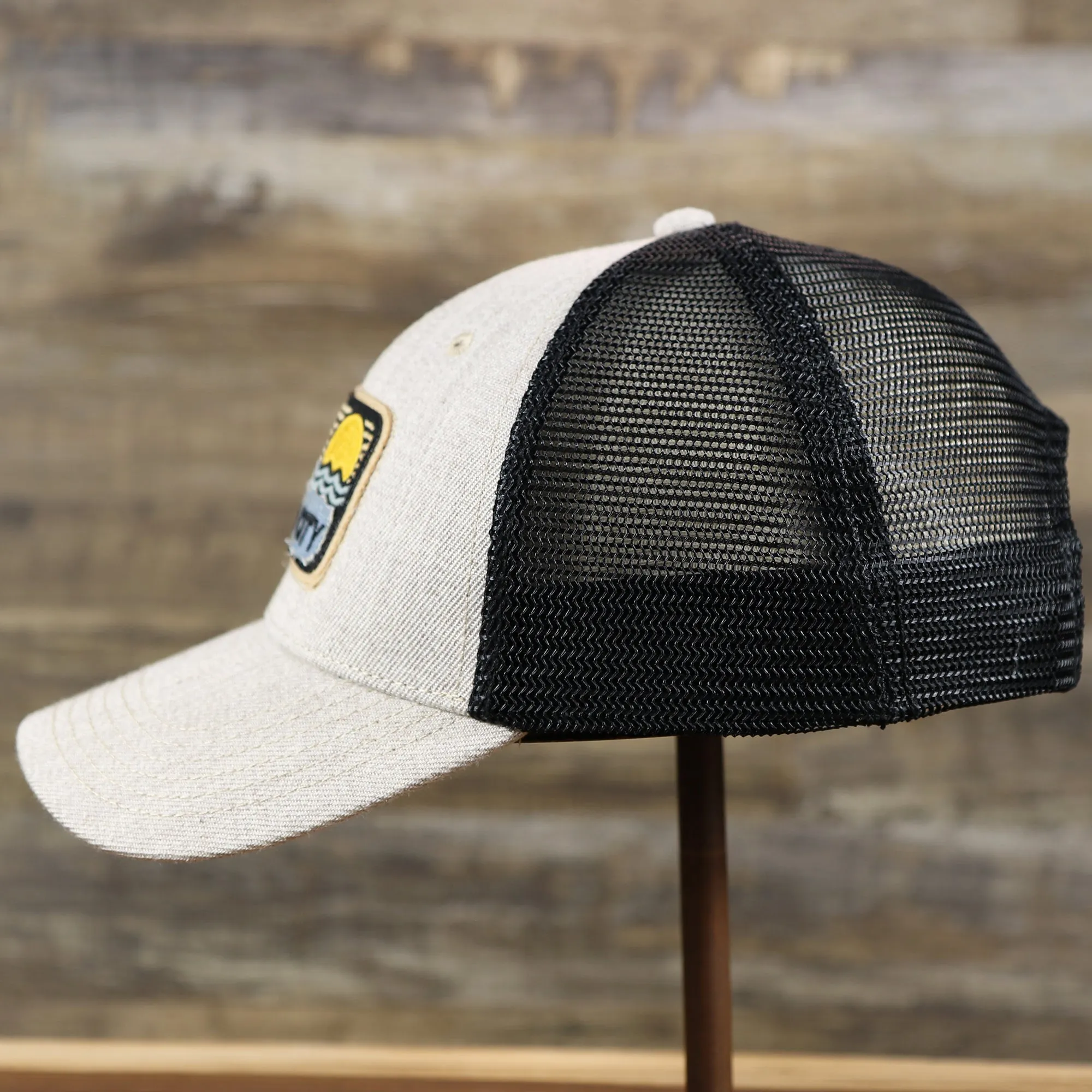 New Jersey Ocean City Sunset Trucker Hat | Heather Tan and Black Mesh Hat