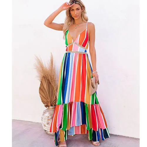 Nihaojewelry Fashion Rainbow Stripe Printing Stitching Deep V Strap Long Dress Wholesale