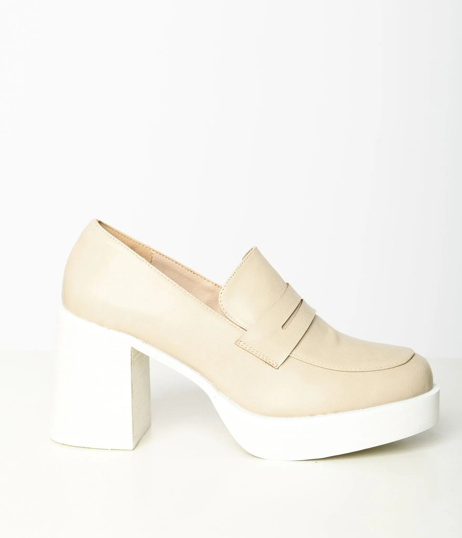 Nude White Leatherette Platform Loafers for Women