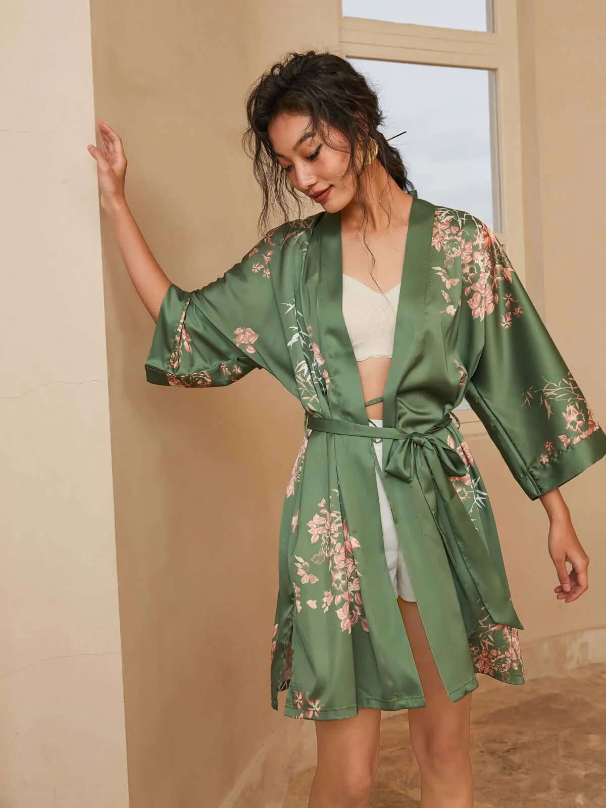 Olive Kimono Robe - Short Length