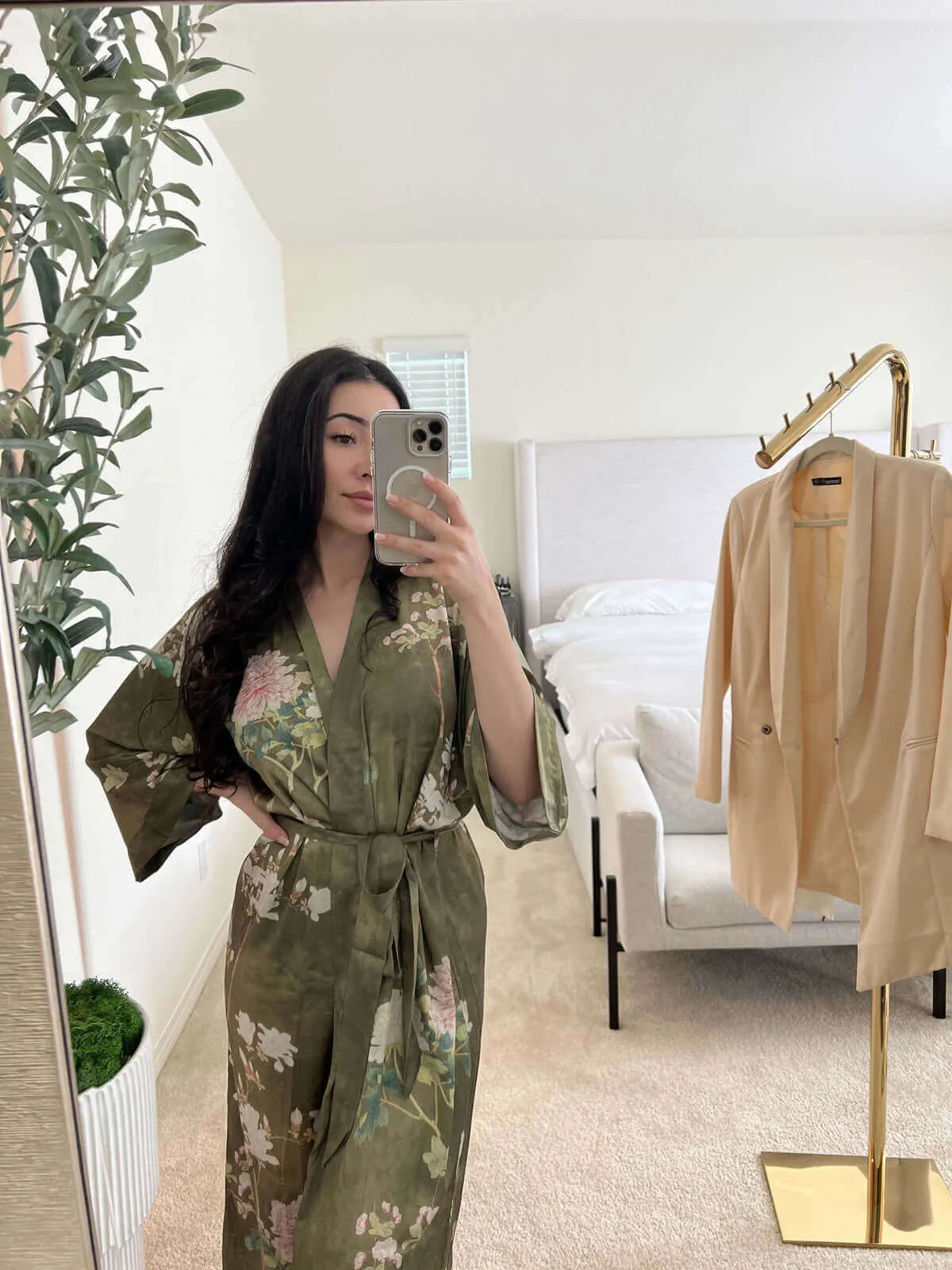 Olive Kimono Robe with a Floral Design