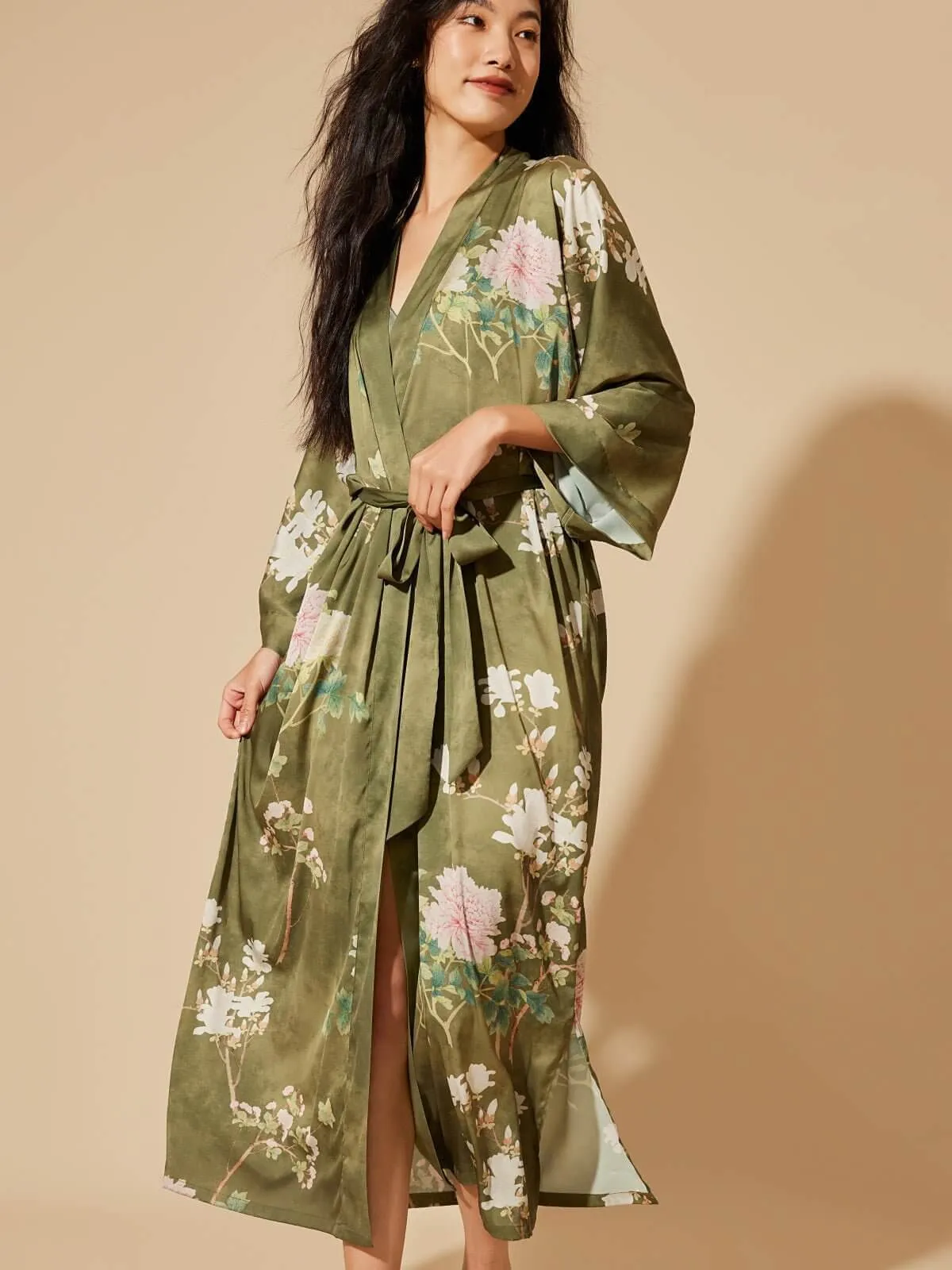 Olive Kimono Robe with a Floral Design