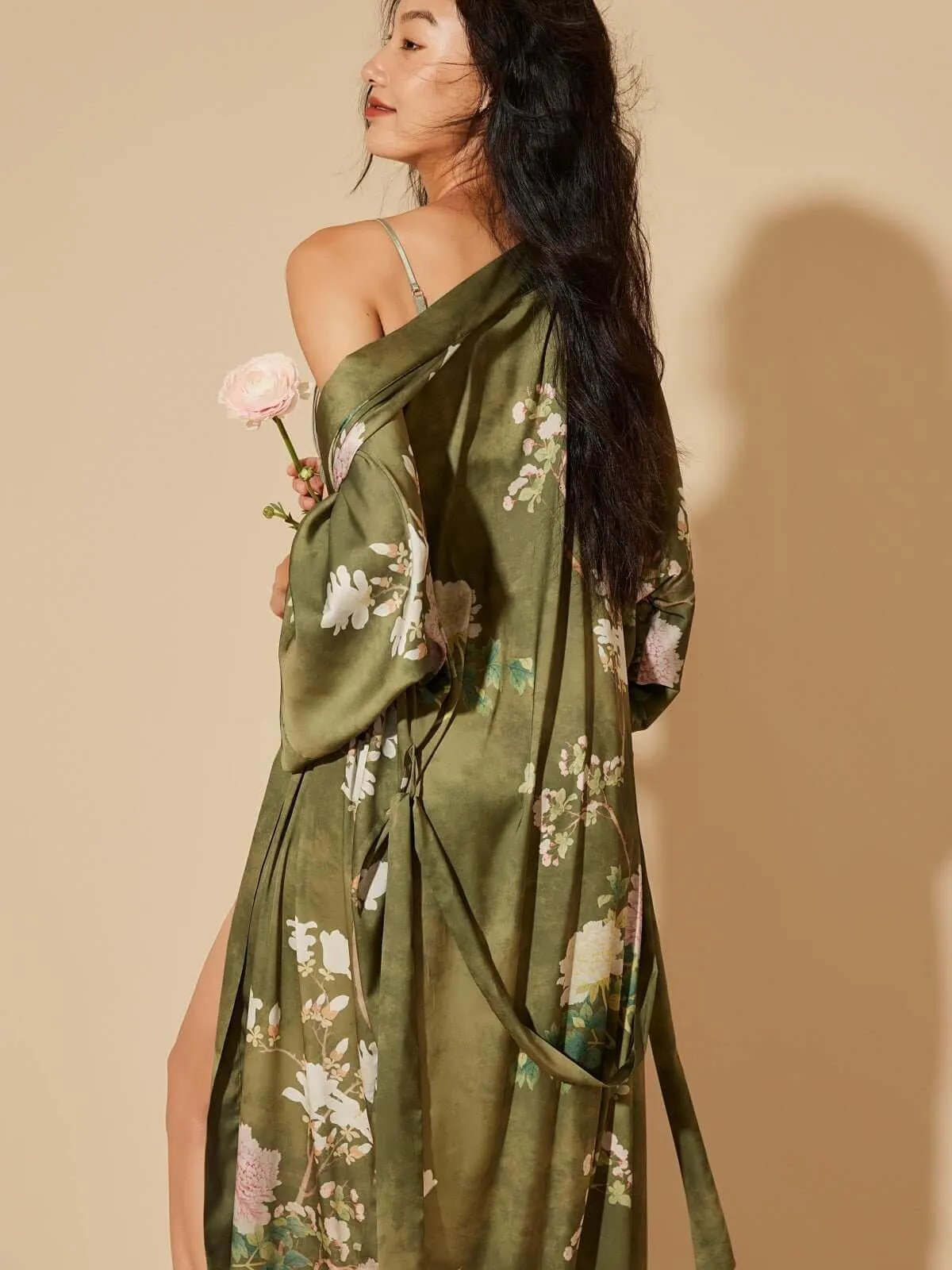 Olive Kimono Robe with a Floral Design