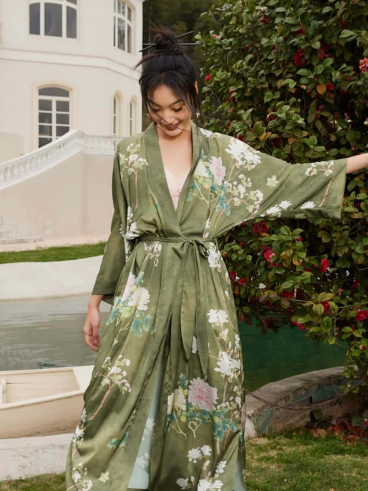 Olive Kimono Robe with a Floral Design