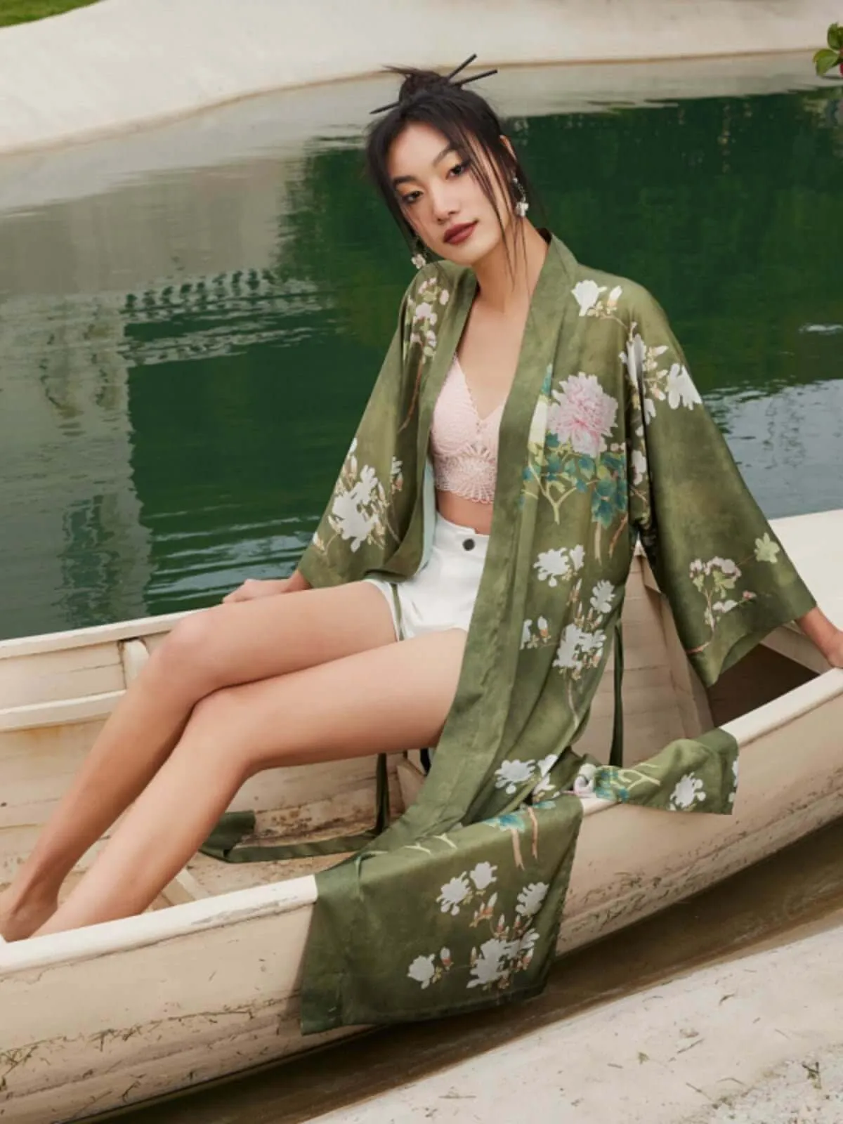 Olive Kimono Robe with a Floral Design