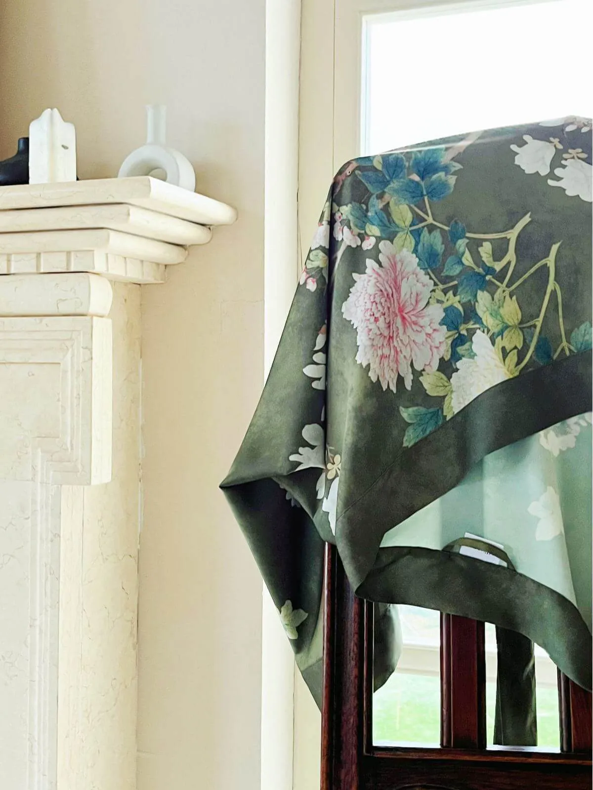 Olive Kimono Robe with a Floral Design