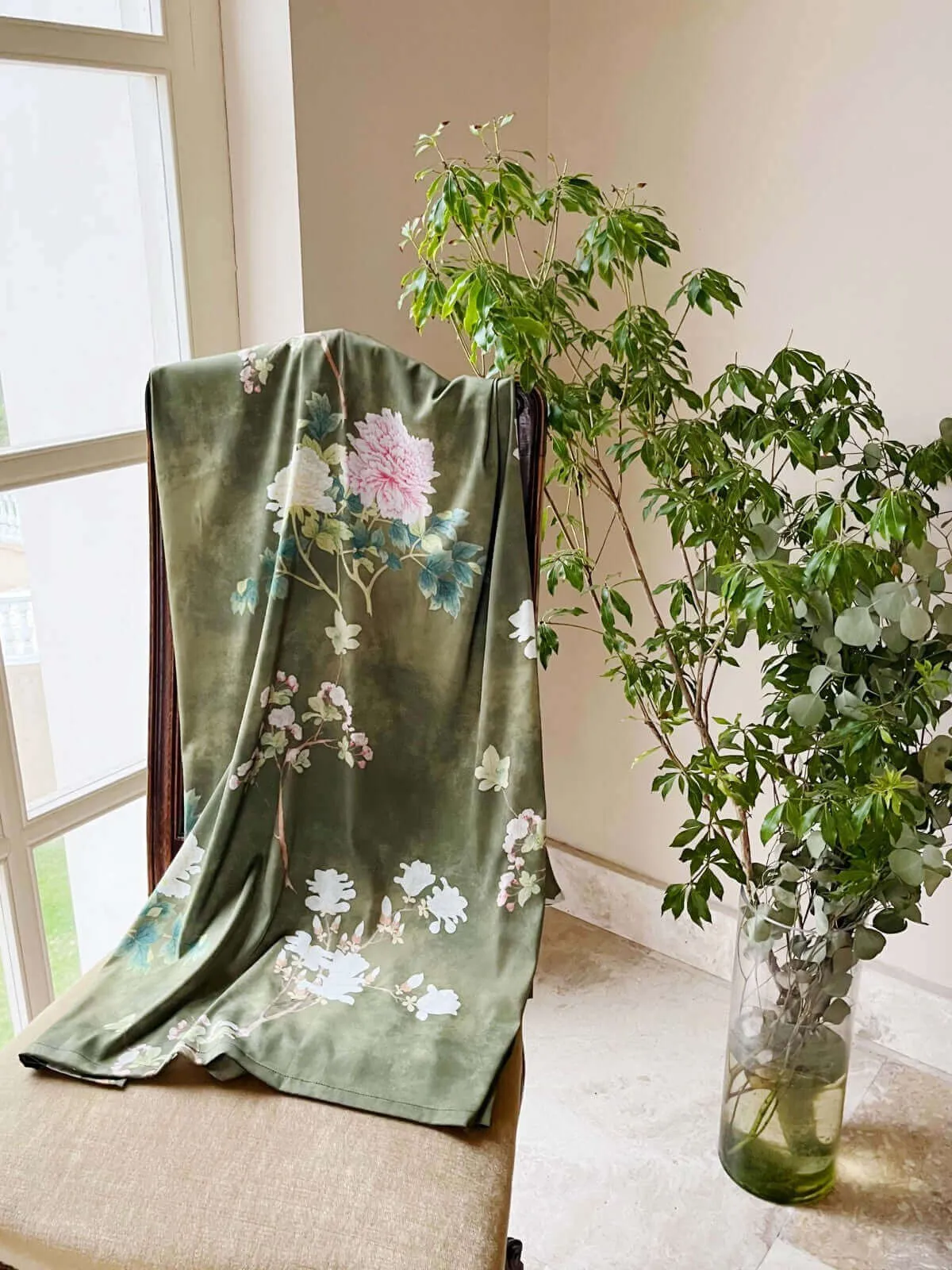 Olive Kimono Robe with a Floral Design