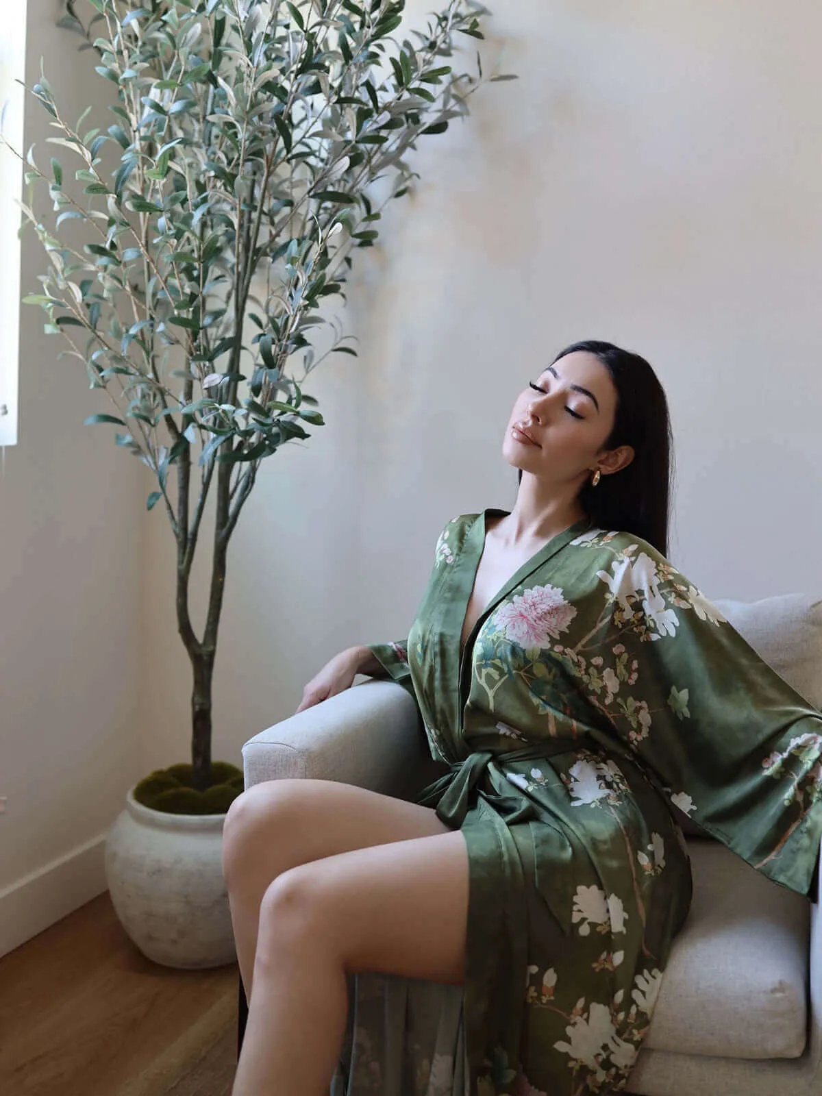 Olive Kimono Robe with a Floral Design