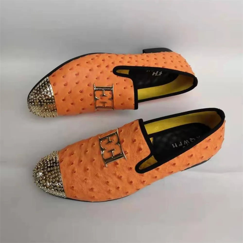 Orange ostrich pattern slip on loafers for men, casual style, breathable.