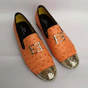 Orange ostrich pattern slip on loafers for men, casual style, breathable.