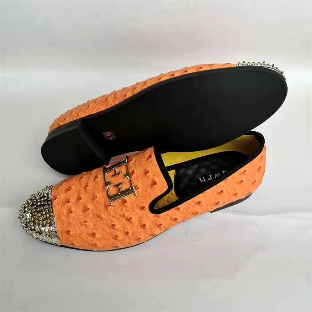 Orange ostrich pattern slip on loafers for men, casual style, breathable.