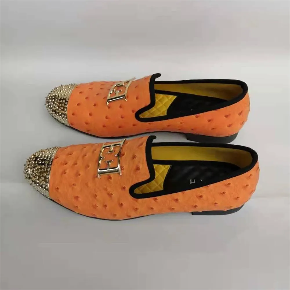 Orange ostrich pattern slip on loafers for men, casual style, breathable.