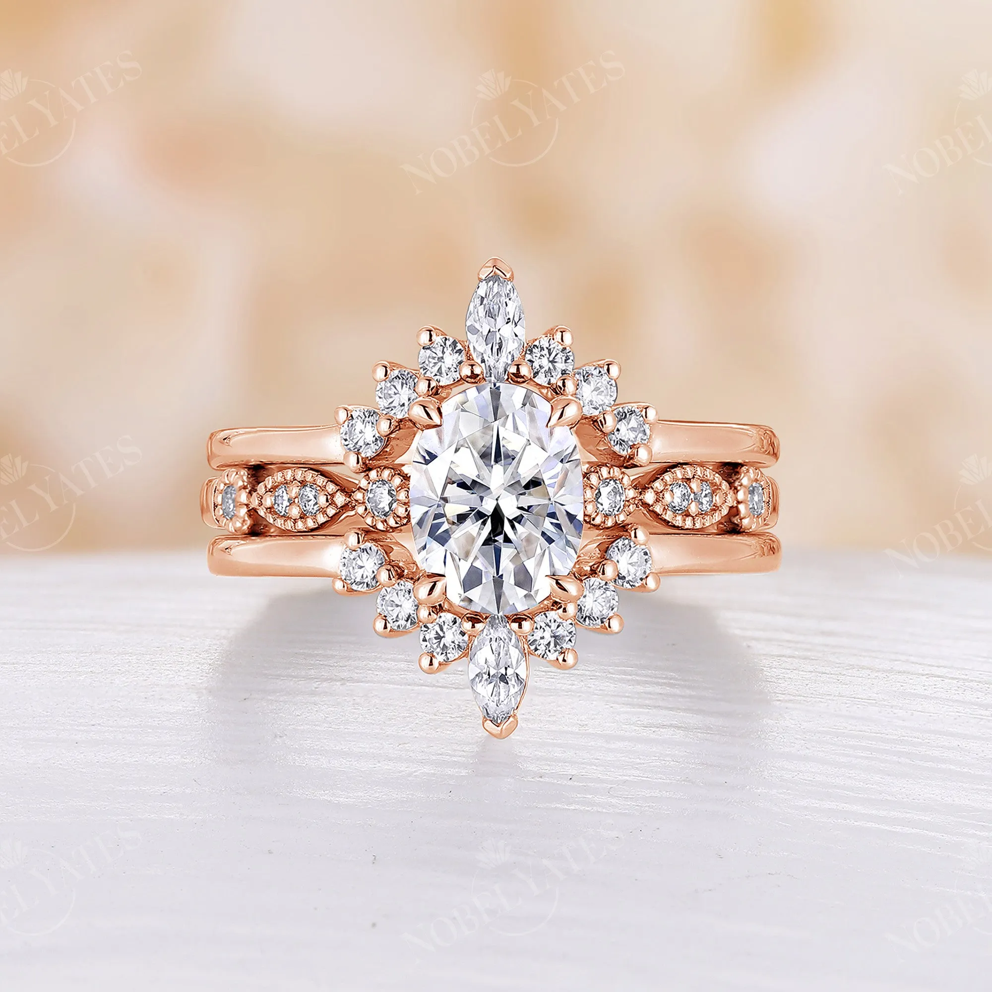 Oval Moissanite Rose Gold Milgrain Engagement Ring Set