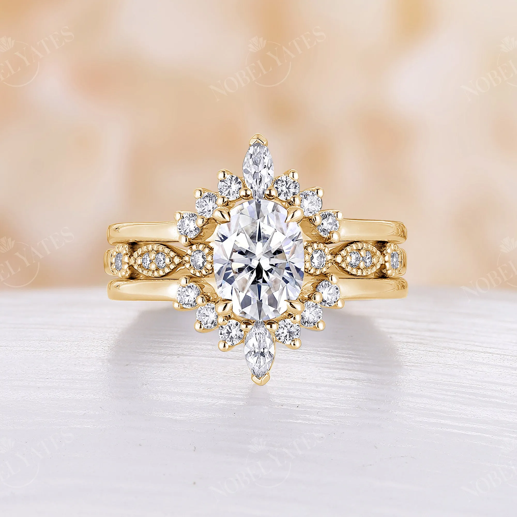 Oval Moissanite Rose Gold Milgrain Engagement Ring Set