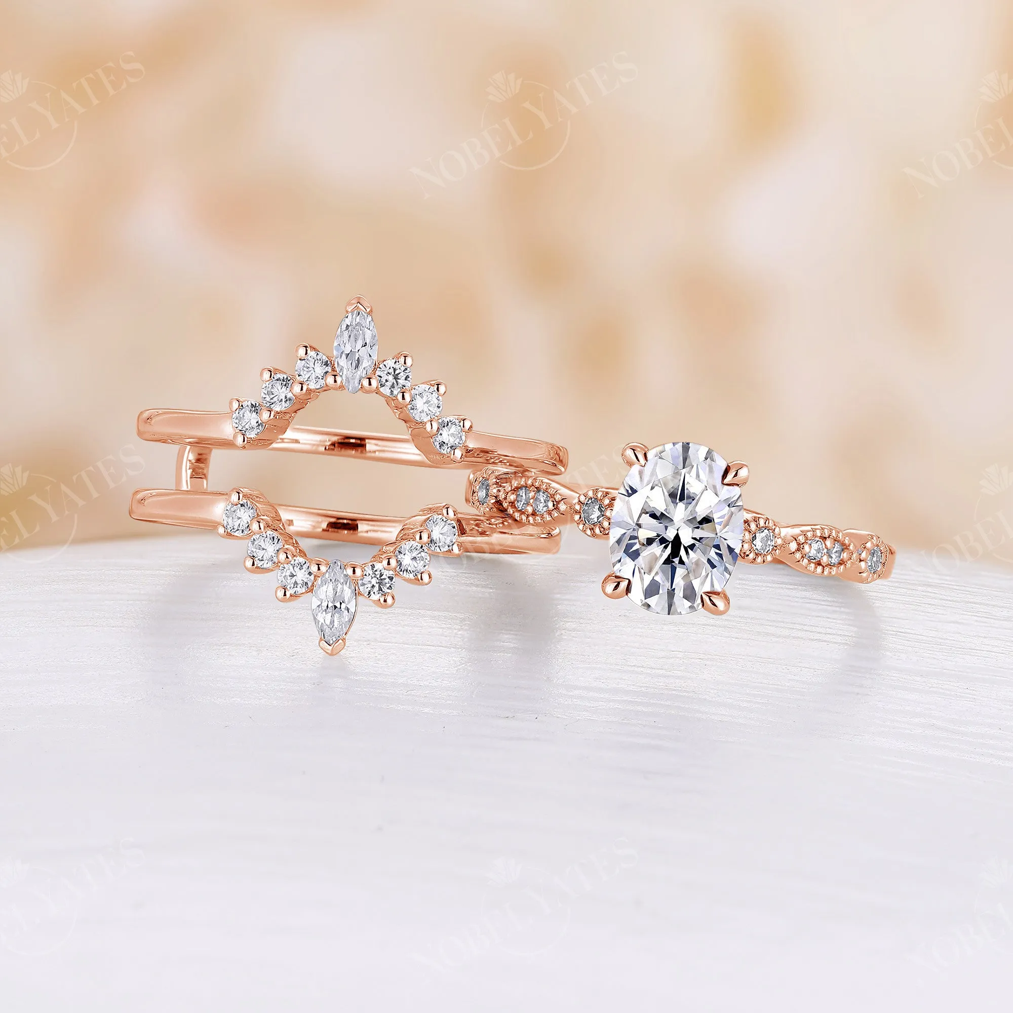 Oval Moissanite Rose Gold Milgrain Engagement Ring Set