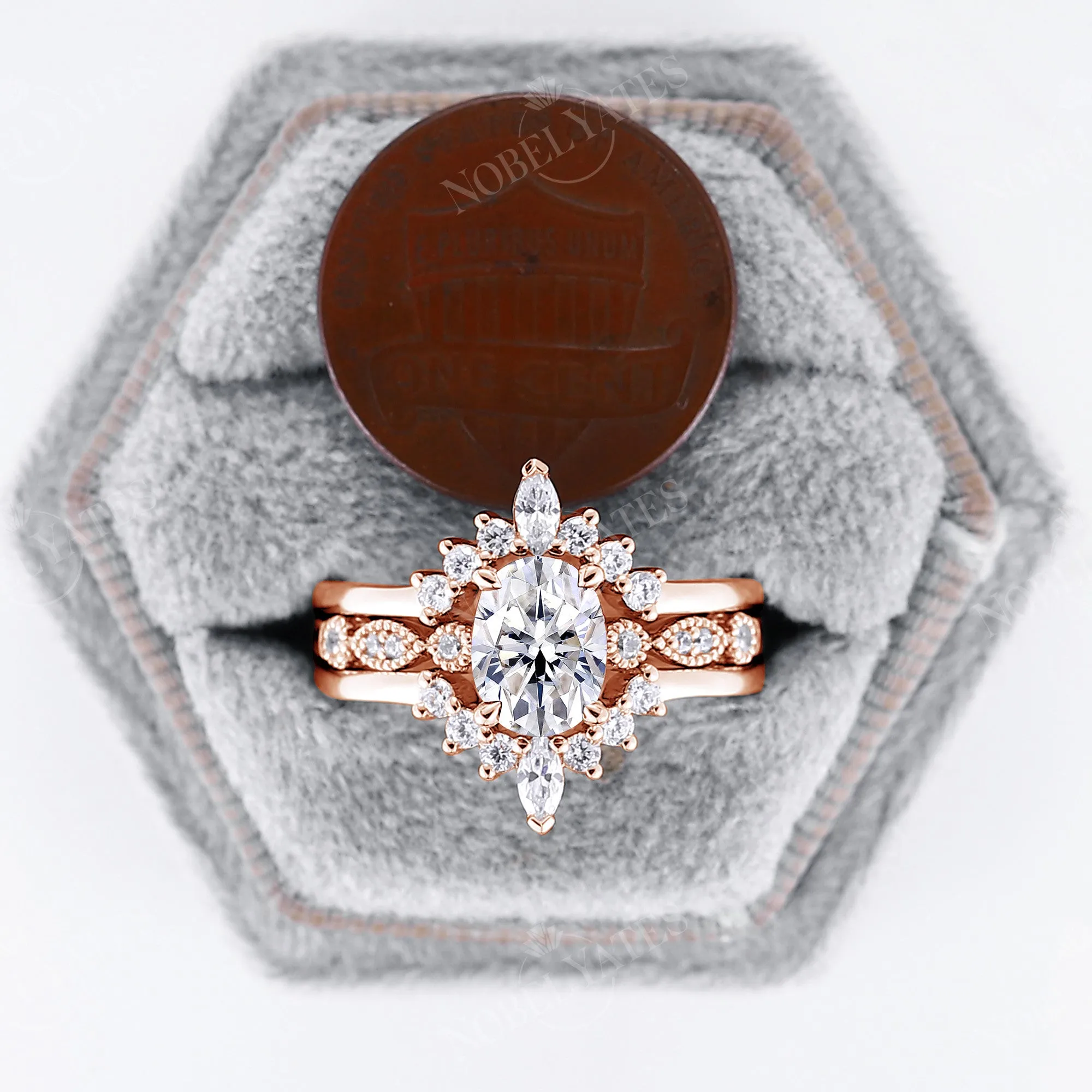 Oval Moissanite Rose Gold Milgrain Engagement Ring Set