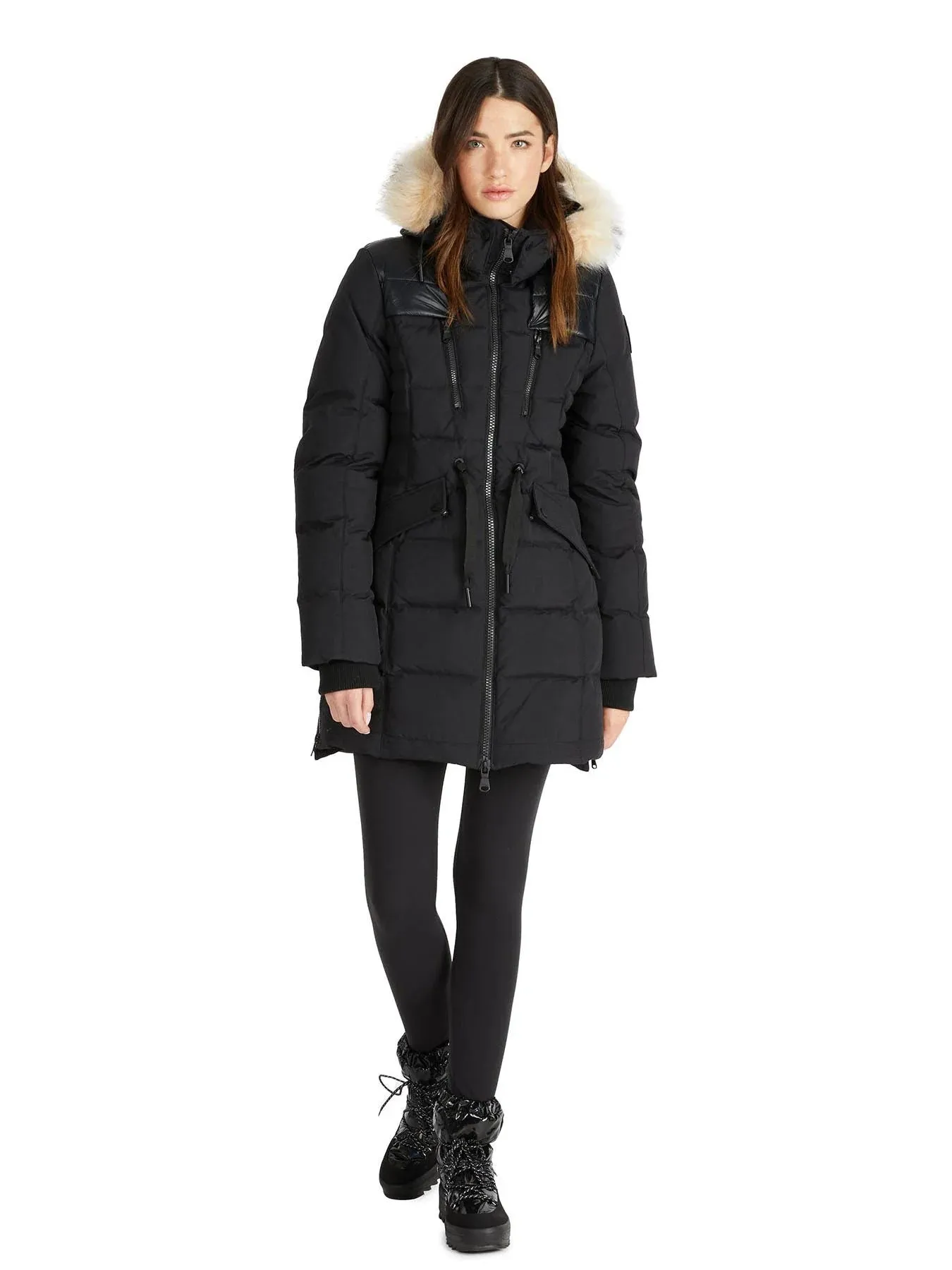 Pajar Women's Alia Quilted Parka Coat with Detachable Hood and Fur Trim - Black