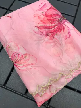 Pastel Pink Organza Handwork Saree for Women