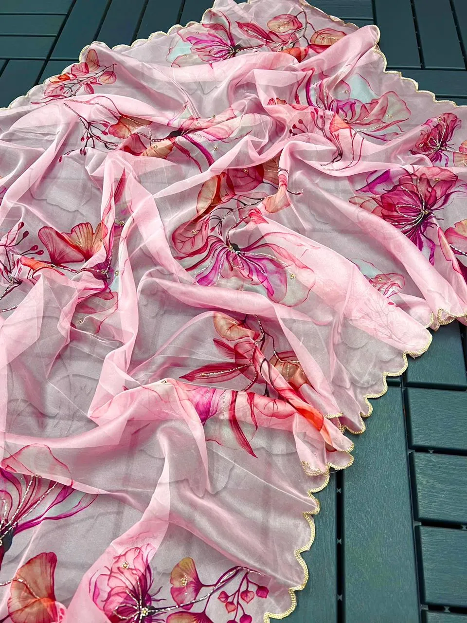 Pastel Pink Organza Handwork Saree for Women