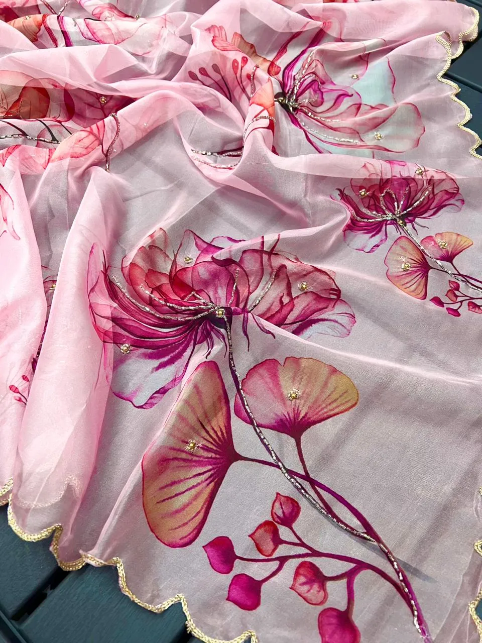 Pastel Pink Organza Handwork Saree for Women