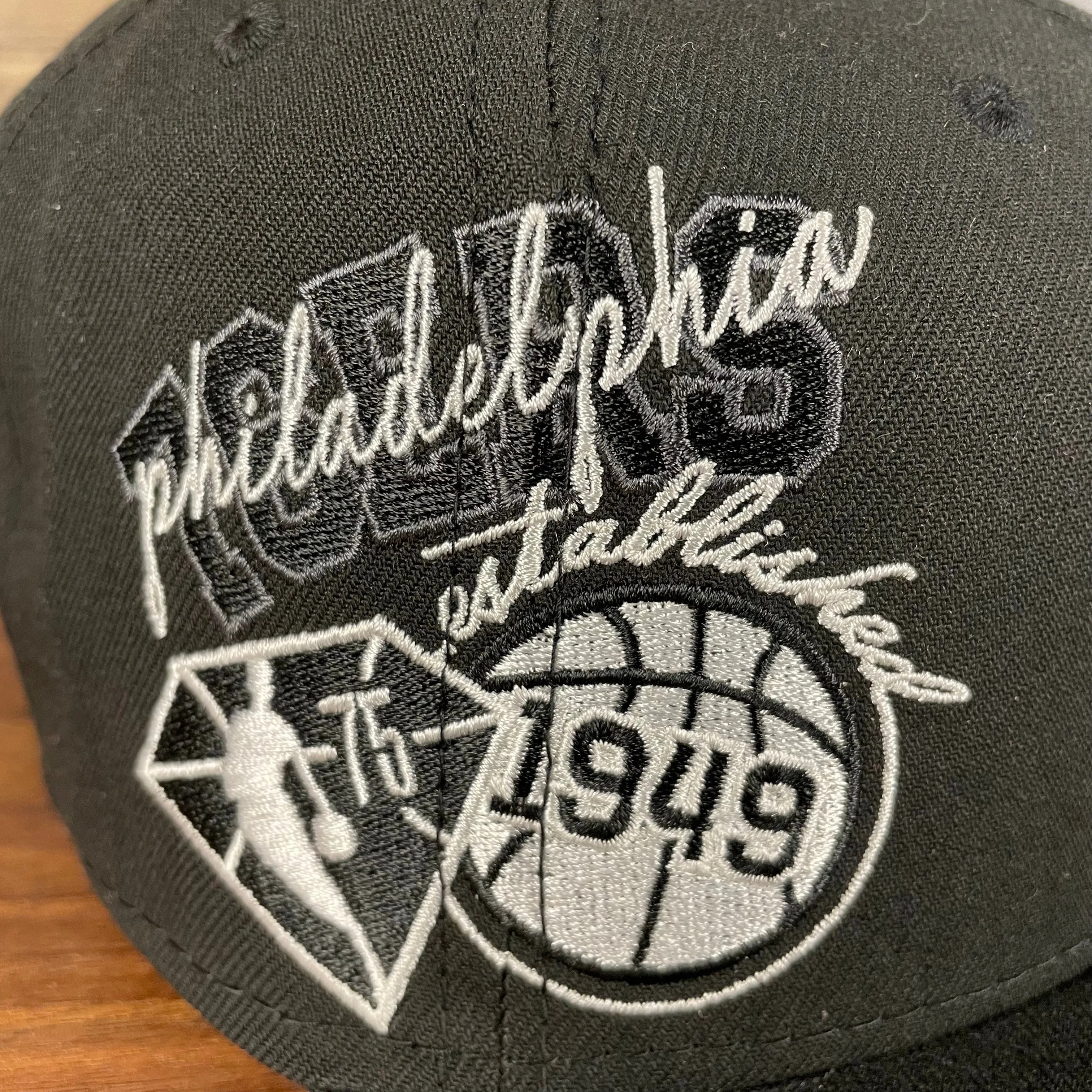 Philadelphia 76ers NBA 75th Anniversary Side Patch Gray Bottom Black 9Fifty Snapback Hat | Back Half